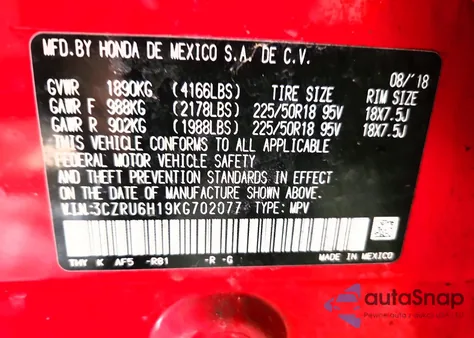 2019 Honda Hr-V Sport z USA, uszkodzony, nr VIN 3CZRU6H19KG702077